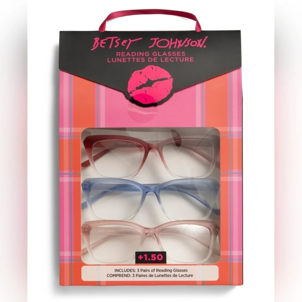 Betsey Johnson Pink, Blue, and Cream Glasses Trio 2.0 & 2.5 Strength